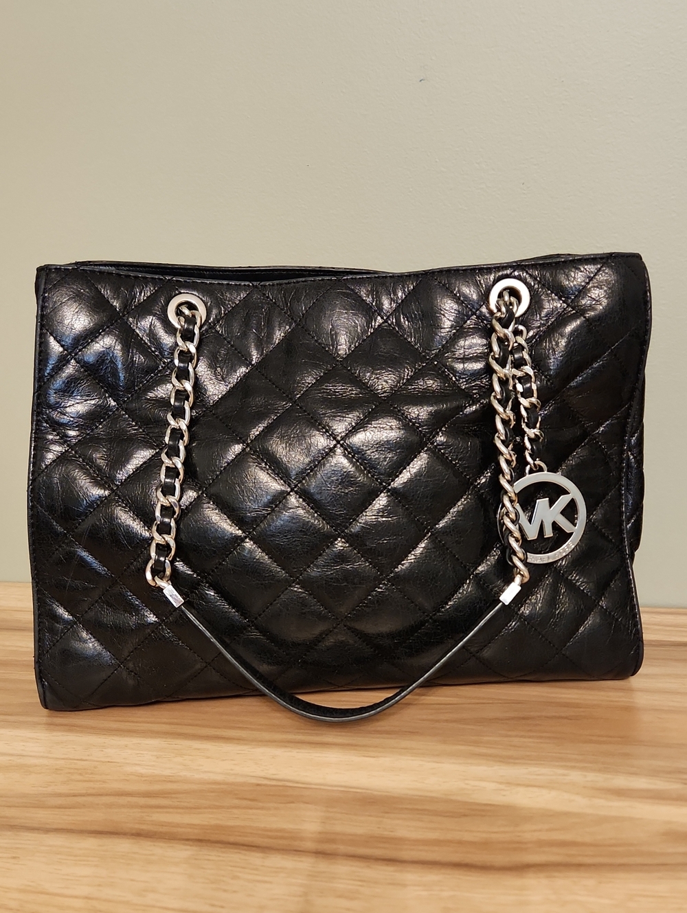 Michael Kors Black Quilted Leather Shoulder Bag with Silver Chain Trim